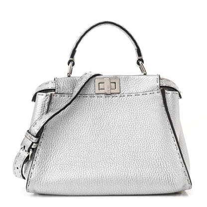 Fendi Cuoio Romano Lux Selleria Mini Peekaboo Iconic Satchel Argento 1 of 12