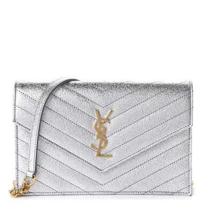 Saint Laurent Metallic Calfskin Matelasse Chevron Monogram Envelope Chain Wallet 1 of 9
