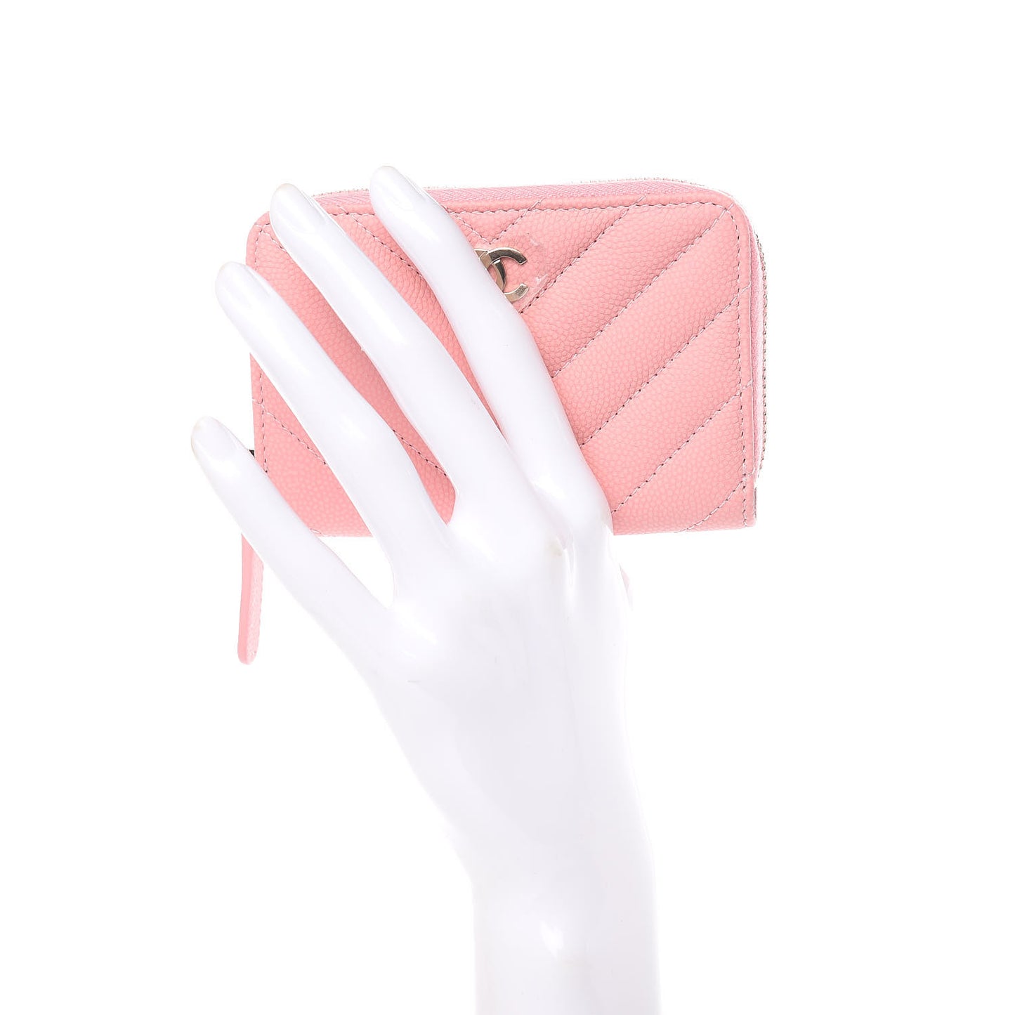 Iridescent Caviar Chevron Quilted Zip Coin Purse Pink