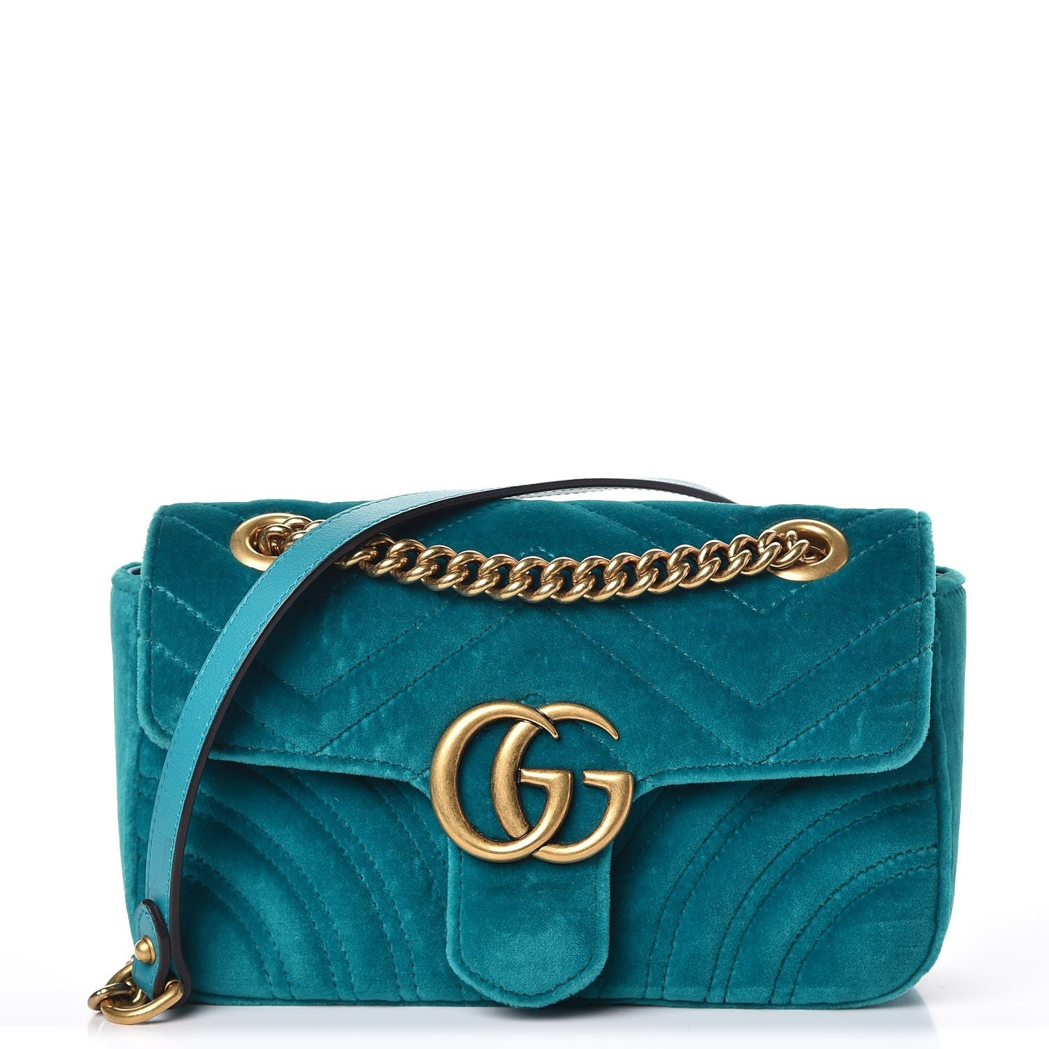 Gucci Velvet Matelasse Mini GG Marmont Shoulder Bag Pavone Cyan 1 of 9