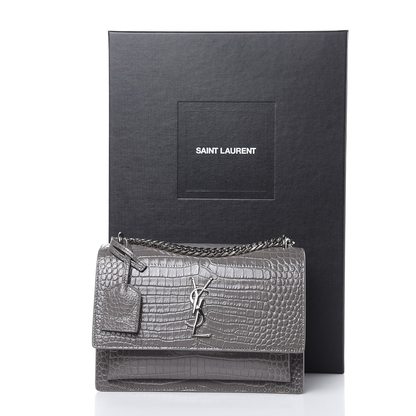 Calfskin Crocodile Embossed Medium Monogram Sunset Fog