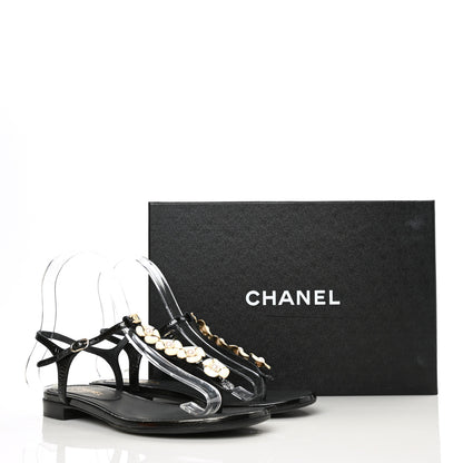 Chanel Crackled Patent Calfskin Pearl Camellia Thong Sandals 36 Black 9 of 9