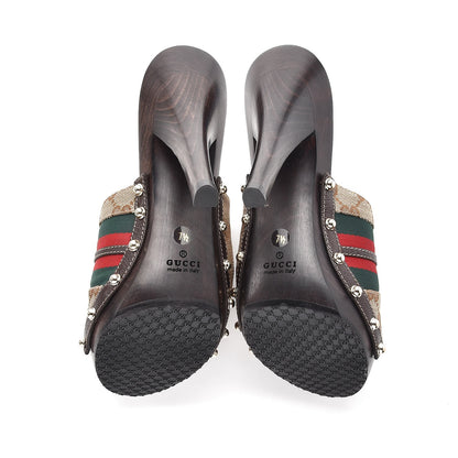 Gucci Monogram Natural Pigskin Web Icon Bit Platform Clog High Heel Slide Sandals 37 Beige Ebony Cocoa 5 of 9