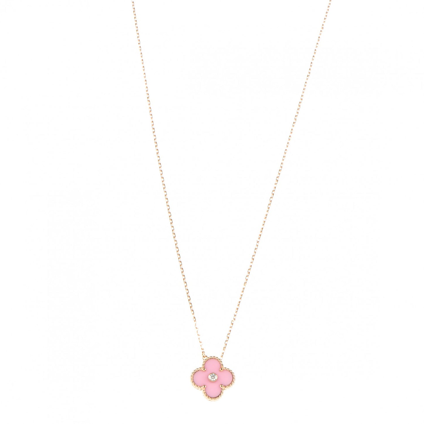 18K Rose Gold Diamond Pink Porcelain Vintage Alhambra Pendant Necklace