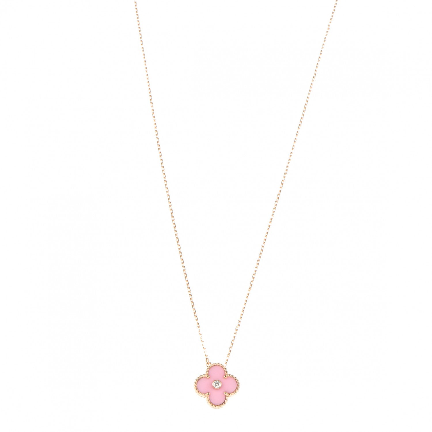 Van Cleef & Arpels 18K Rose Gold Diamond Pink Porcelain Vintage Alhambra Pendant Necklace 1 of 6