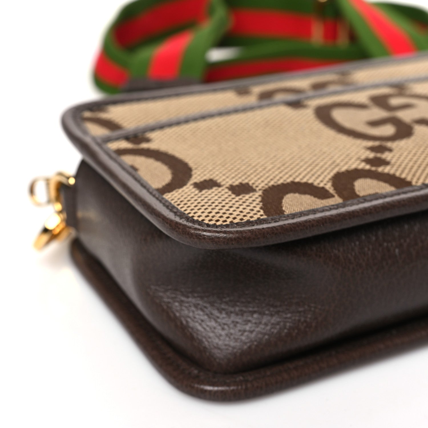 Gucci Monogram Jumbo GG Textured Dollar Calfskin Web Mini Crossbody Bag Camel Ebony New Acero 7 of 9