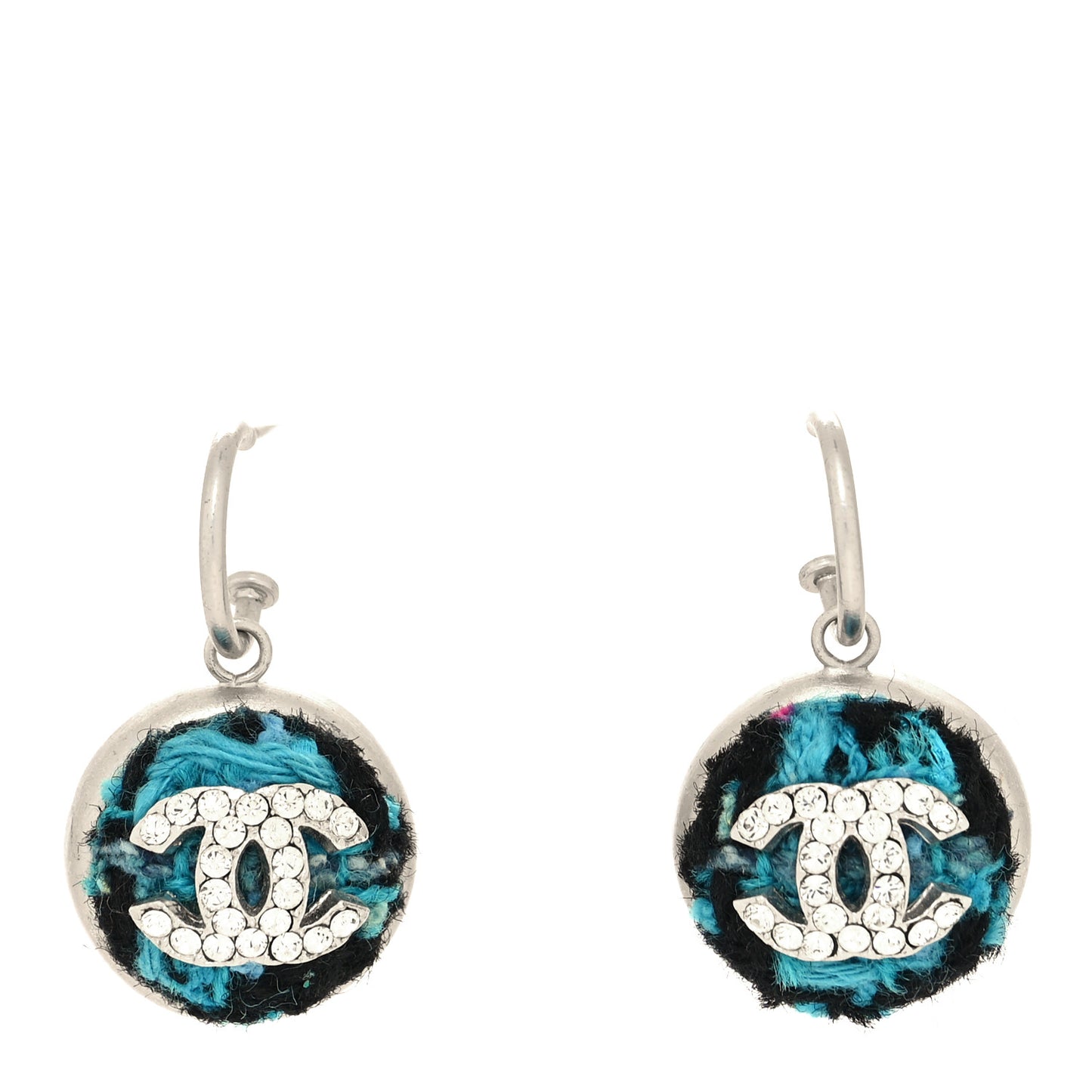 Metal Tweed Crystal CC Half Hoop Earrings Silver Blue