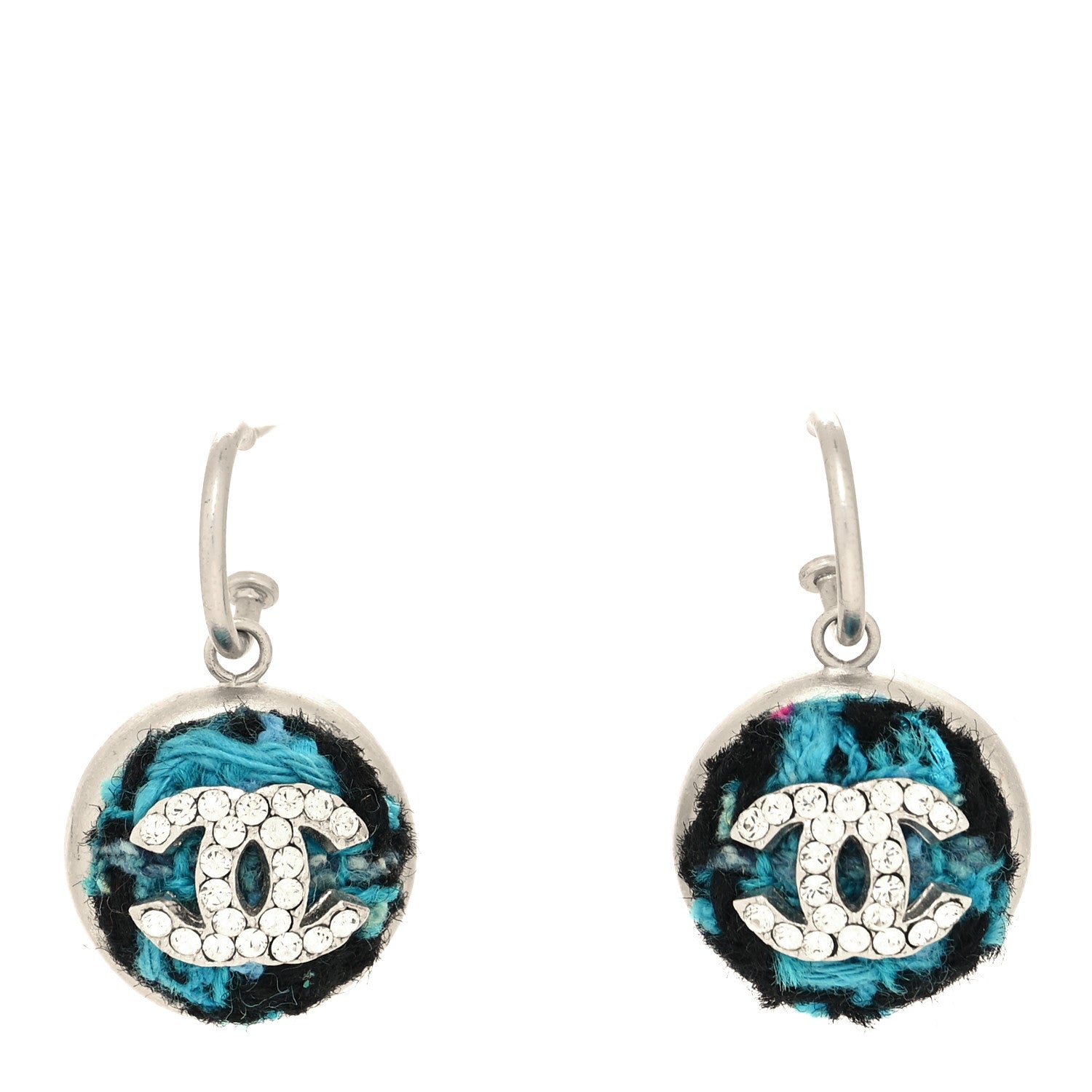 Chanel Metal Tweed Crystal CC Half Hoop Earrings Silver Blue 1 of 4