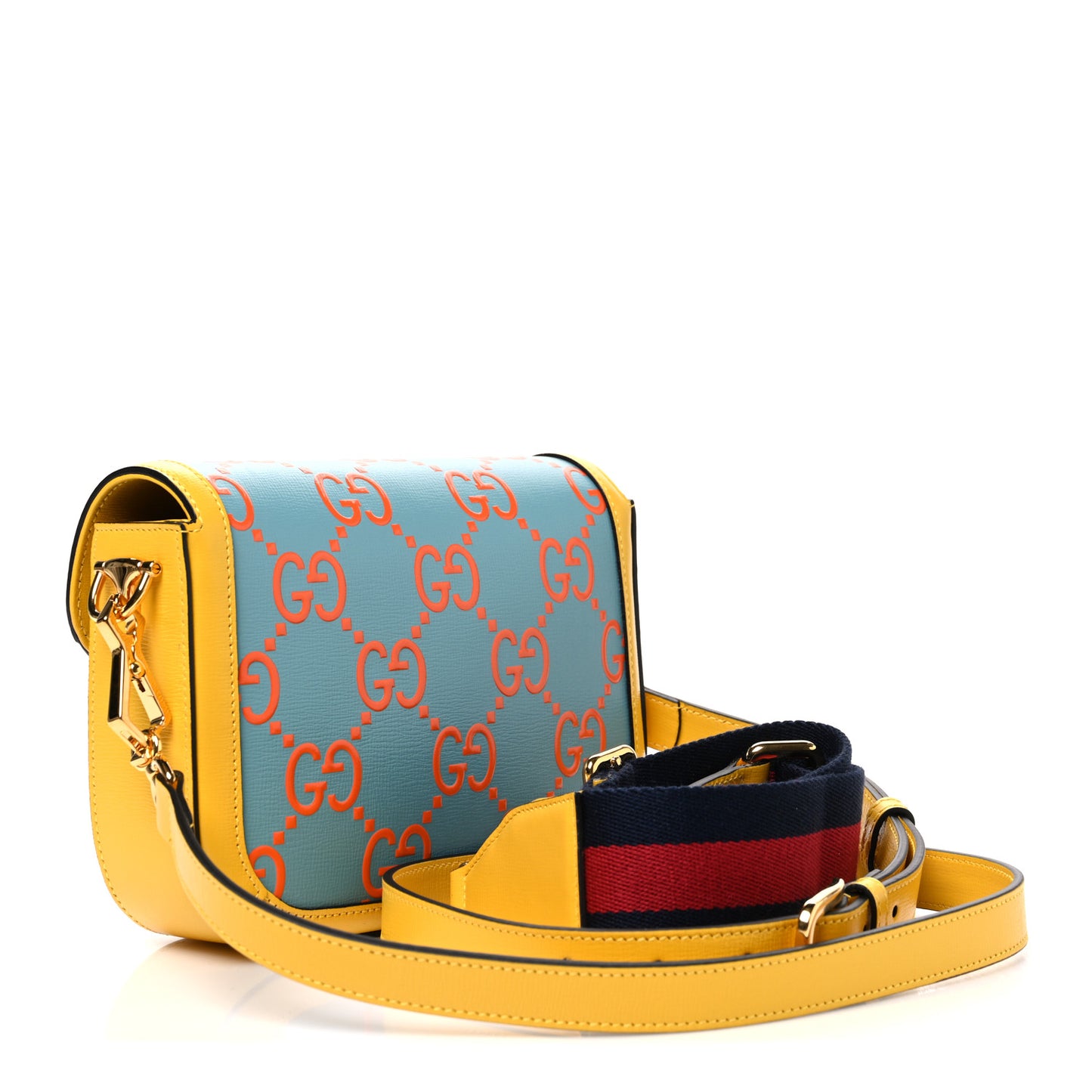 Azalea Calfskin GG Monogram Bi-Color Debossed Horsebit 1955 Shoulder Bag Dusty Azure Stone Topaz Deep Orange