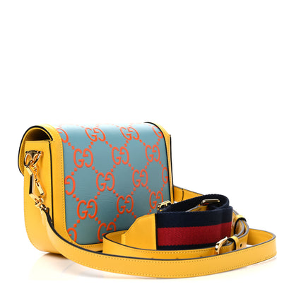 Gucci Azalea Calfskin GG Monogram Bi-Color Debossed Horsebit 1955 Shoulder Bag Dusty Azure Stone Topaz Deep Orange 2 of 9