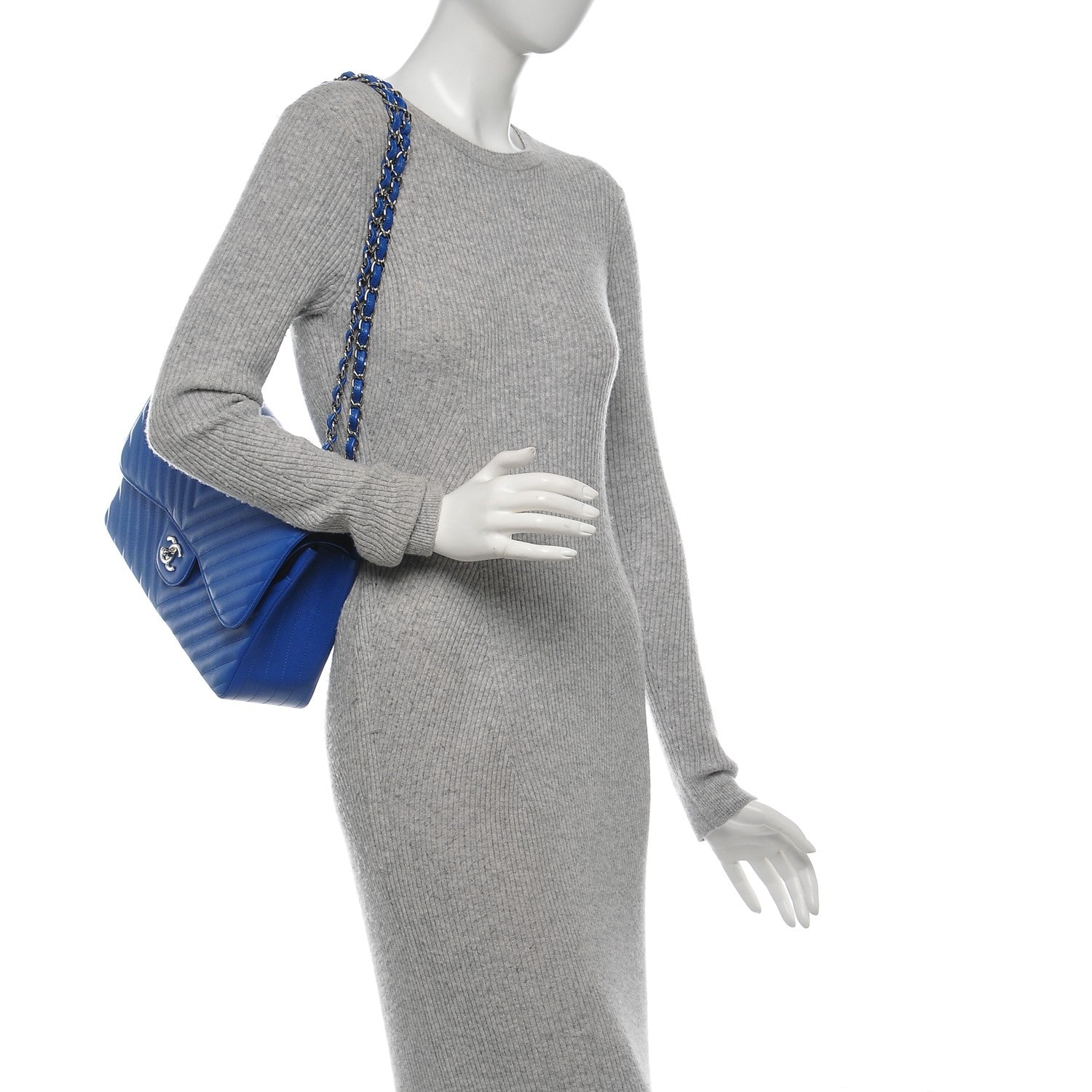 Chanel Caviar Chevron Quilted Jumbo Double Flap Bright Blue 2 of 7