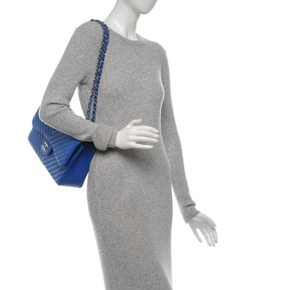 Chanel Caviar Chevron Quilted Jumbo Double Flap Bright Blue 2 of 7