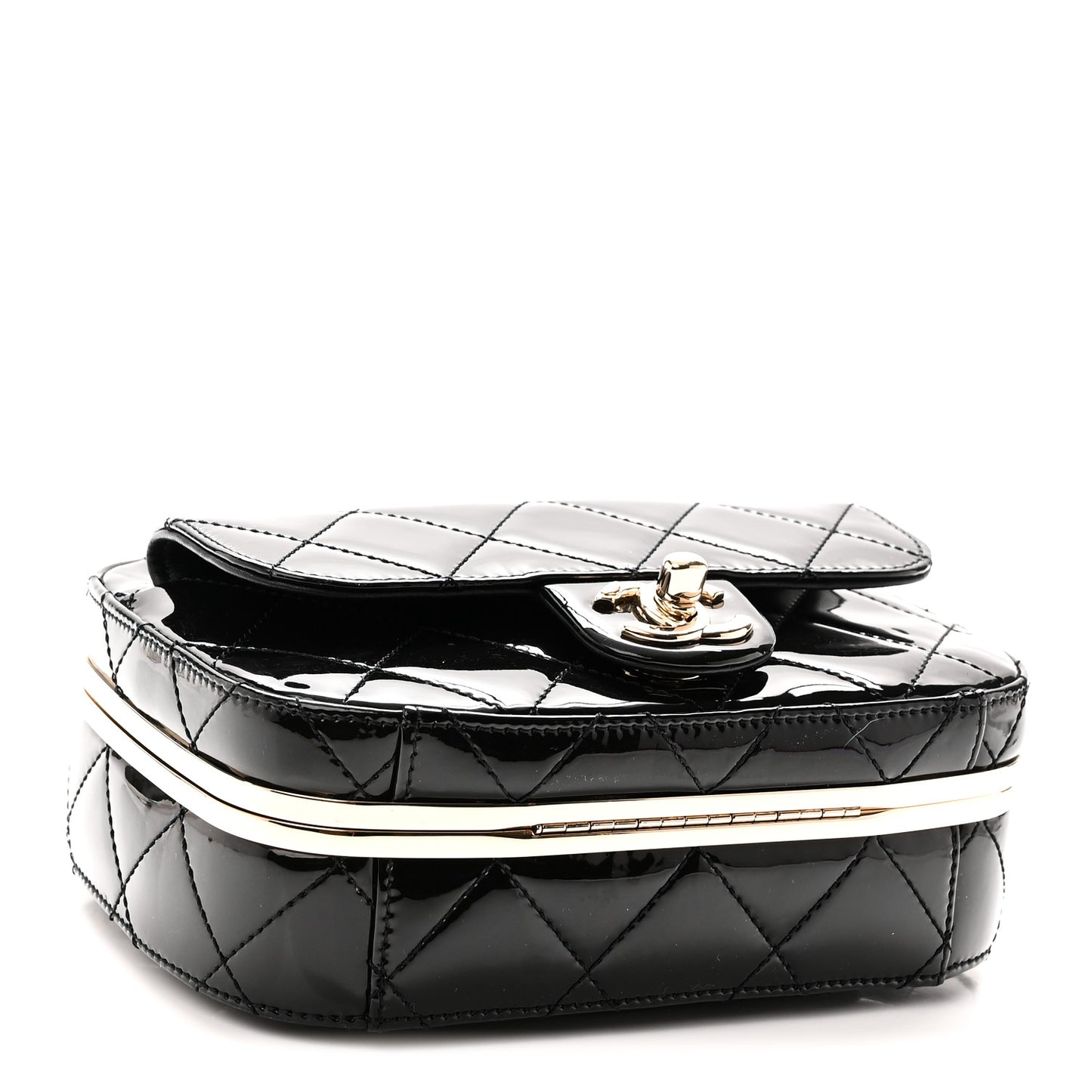 Patent Calfskin Quilted Mini Camera Case Black