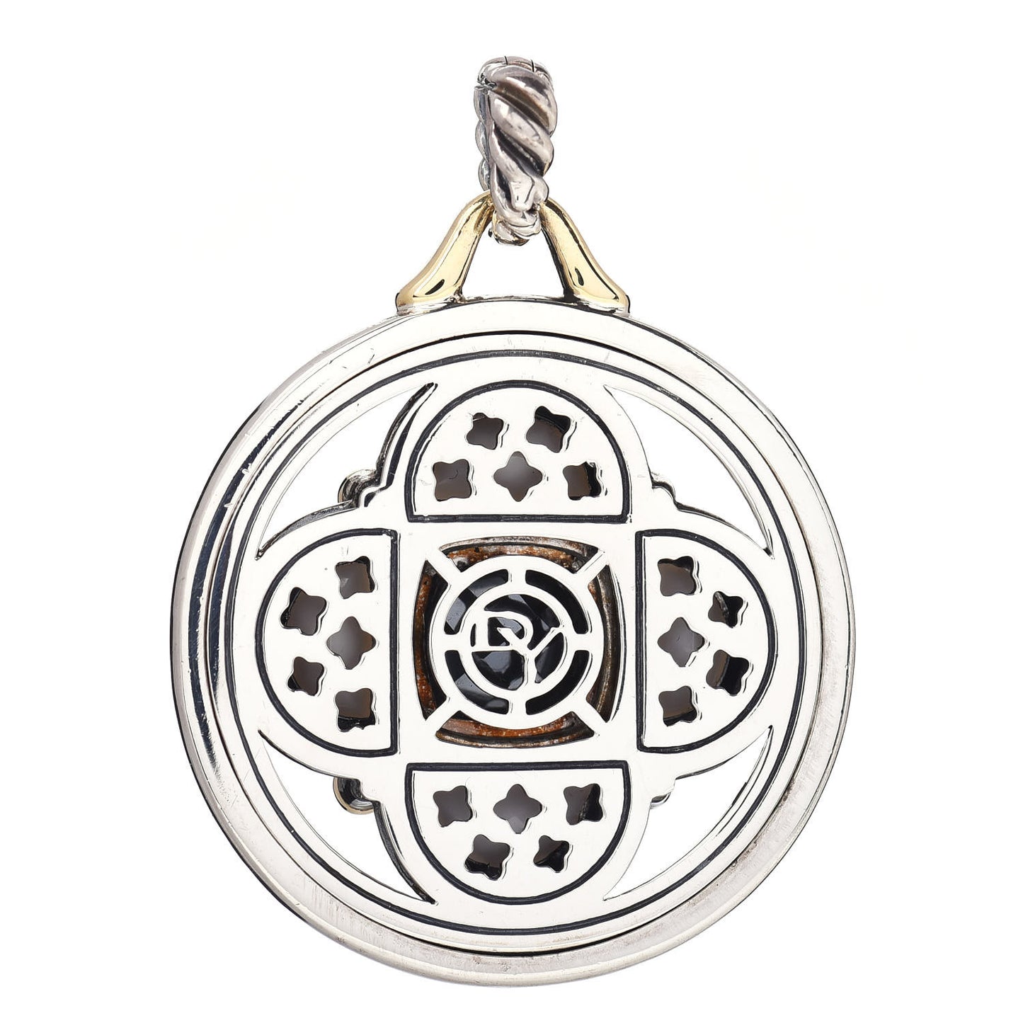 Sterling Silver 18K Yellow Gold White Agate Hematite Garnet Half Moon Renaissance Enhancer Pendant