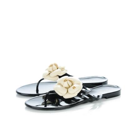 Chanel Jelly Camellia Thong Sandals 38 Black Ivory 6 of 16