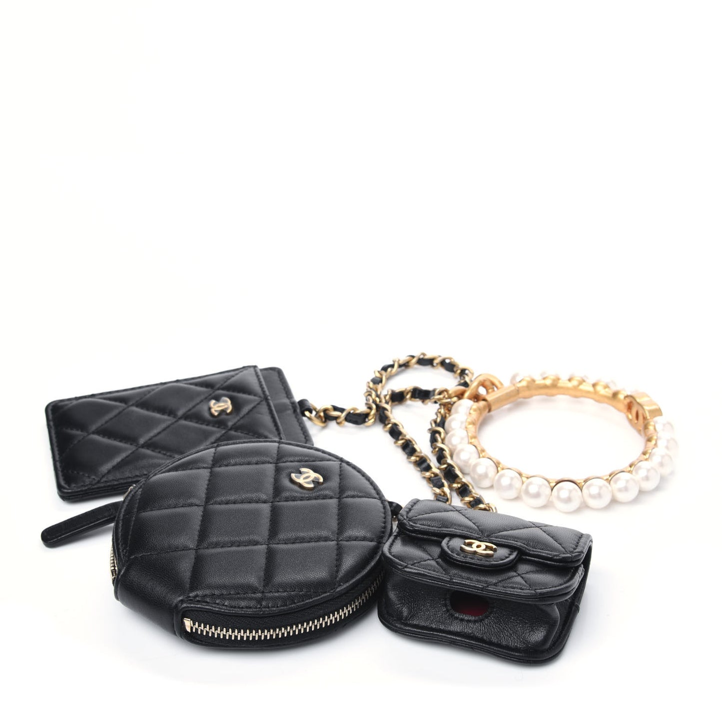 Pearl Lambskin Pearl Crown CC Wristlet Multi Pouches Black