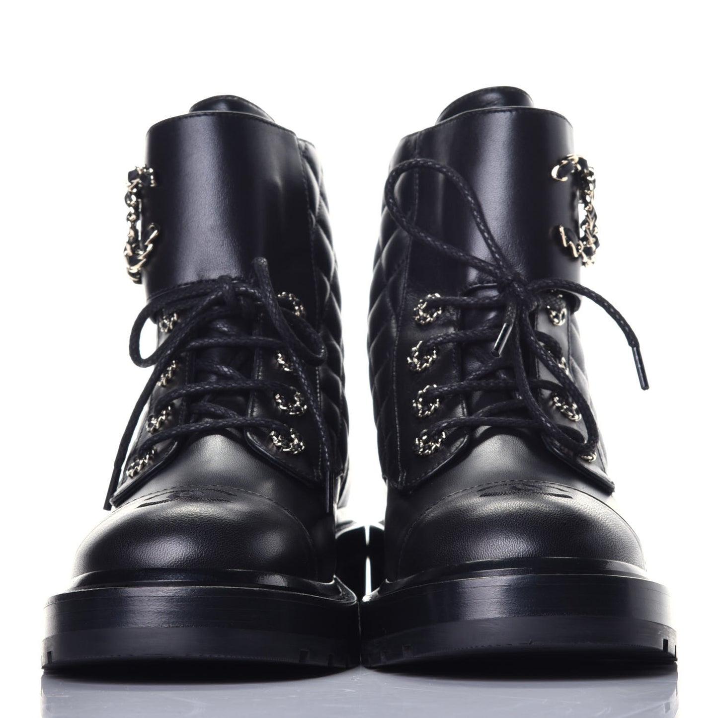 Shiny Lambskin Quilted Lace Up Combat Boots 39 Black