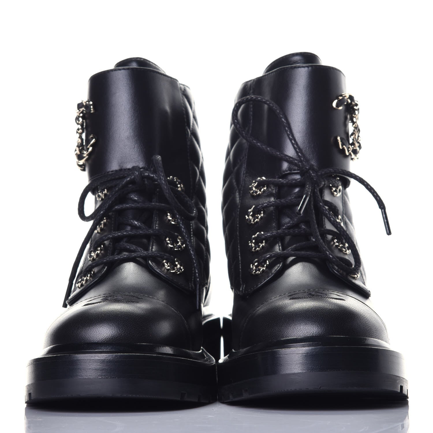 Chanel Shiny Lambskin Quilted Lace Up Combat Boots 39 Black 2 of 9