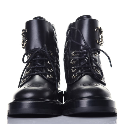 Chanel Shiny Lambskin Quilted Lace Up Combat Boots 39 Black 2 of 9