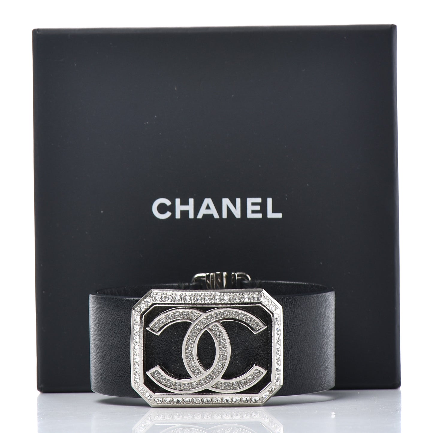 Calfskin Crystal CC Cuff Bracelet M Black