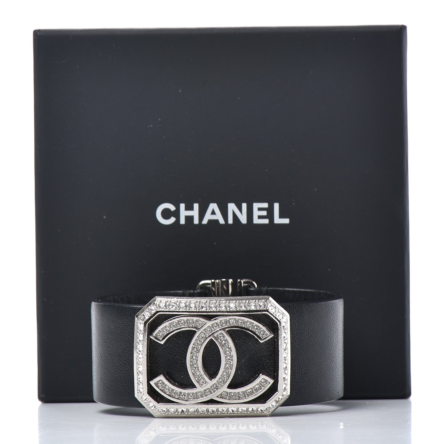 Chanel Calfskin Crystal CC Cuff Bracelet M Black 5 of 5