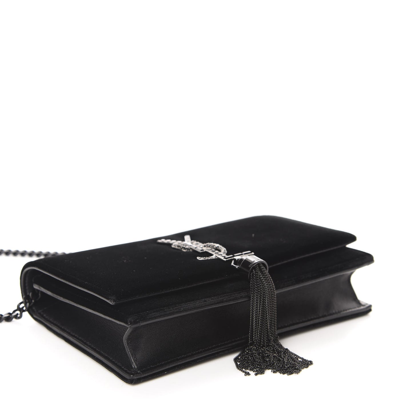 Velvet Crystal Monogram Kate Tassel Chain Wallet Black