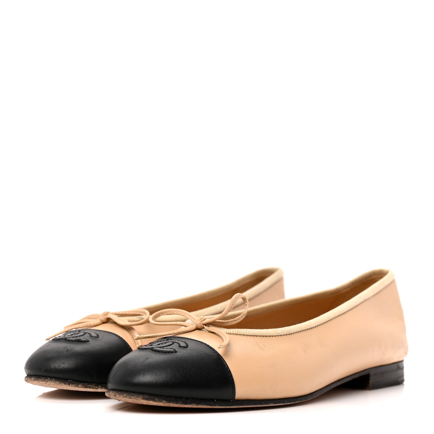 Chanel Lambskin Cap Toe CC Ballerina Flats 37 Beige Black 4 of 12