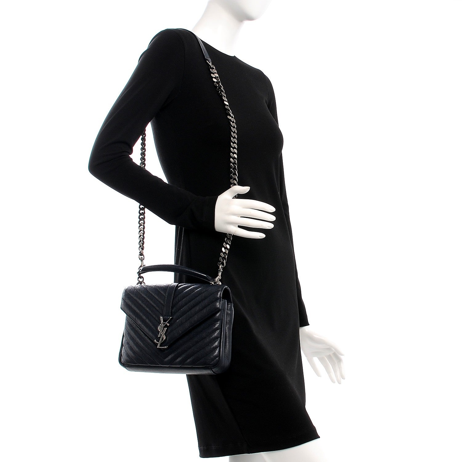 Saint Laurent Sheepskin Matelasse Chevron Monogram Medium College Bag Deep Marine 2 of 7