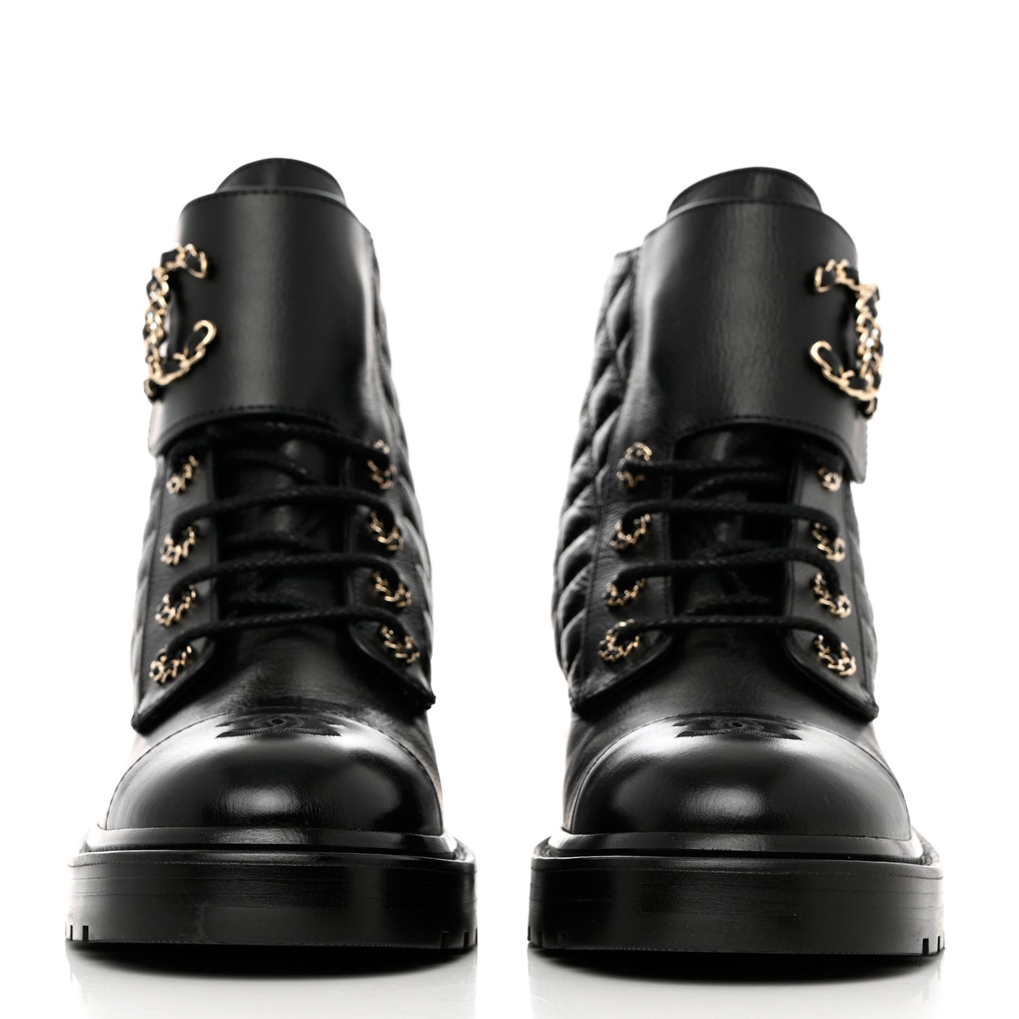 Shiny Goatskin Calfskin Quilted Lace Up Combat Boots 40 Black
