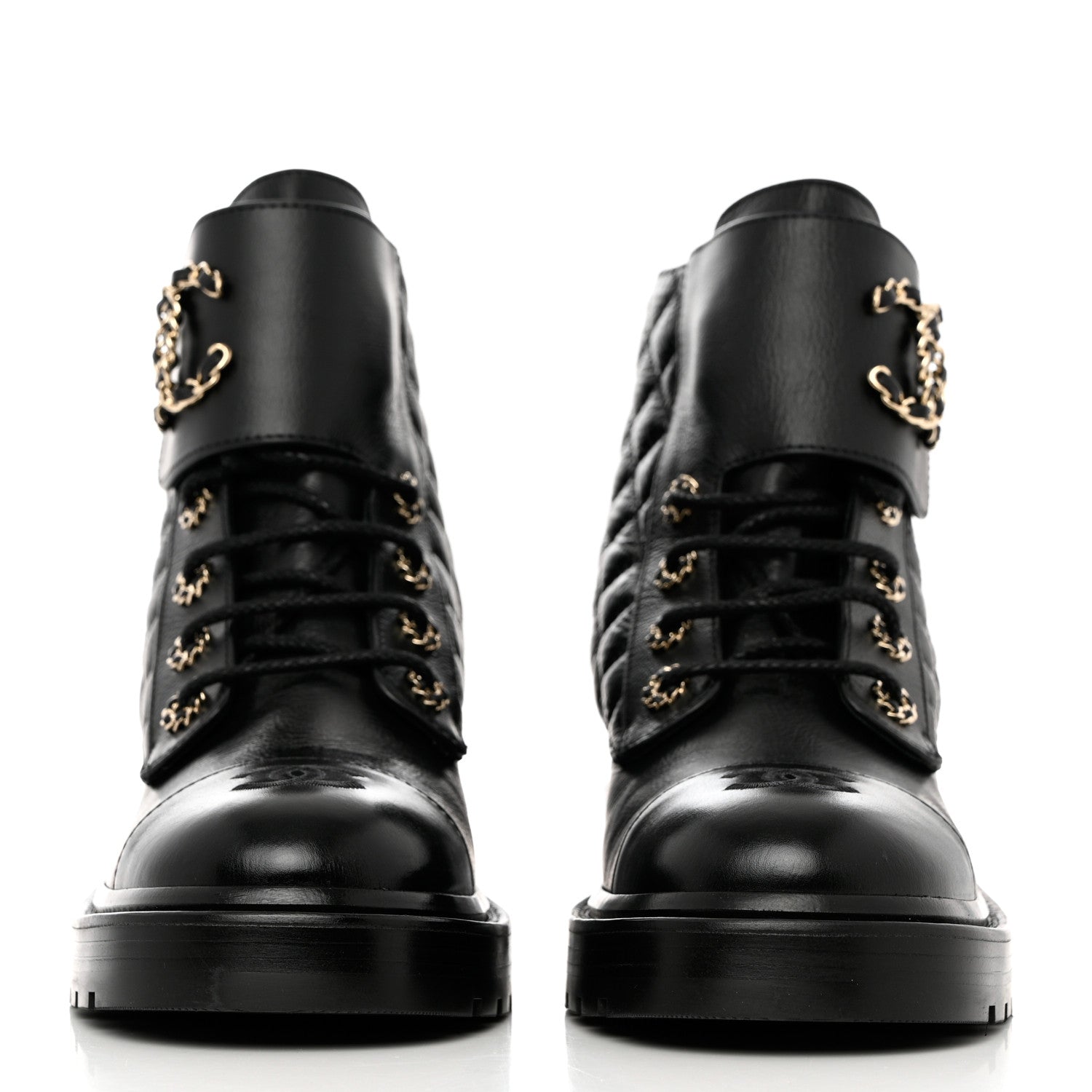 Chanel Shiny Goatskin Calfskin Quilted Lace Up Combat Boots 40 Black 2 of 9