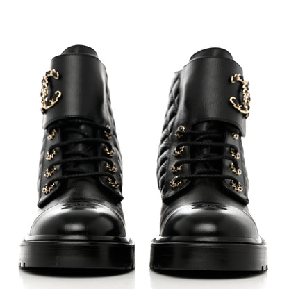 Chanel Shiny Goatskin Calfskin Quilted Lace Up Combat Boots 40 Black 2 of 9