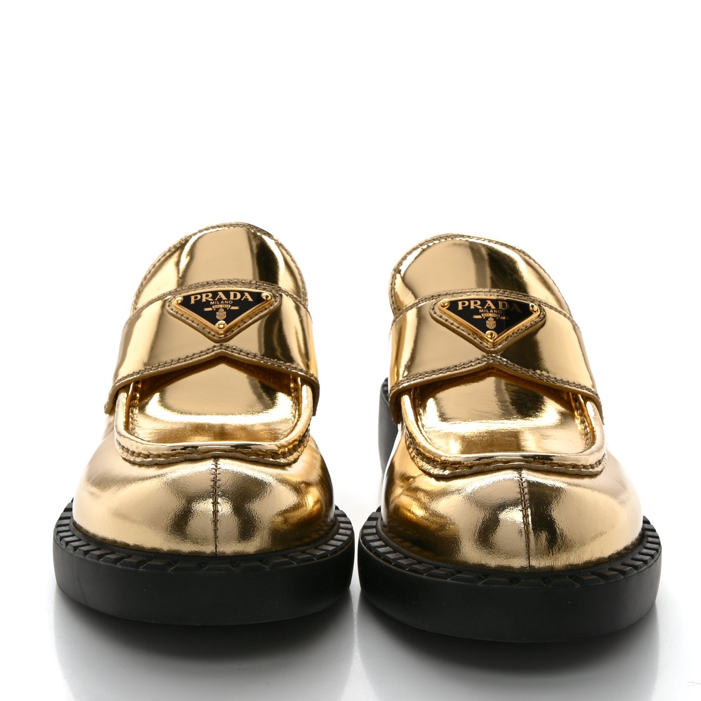 Metallic Brushed Calfskin Metal Triangle Logo 50mm Loafers 40 Platino