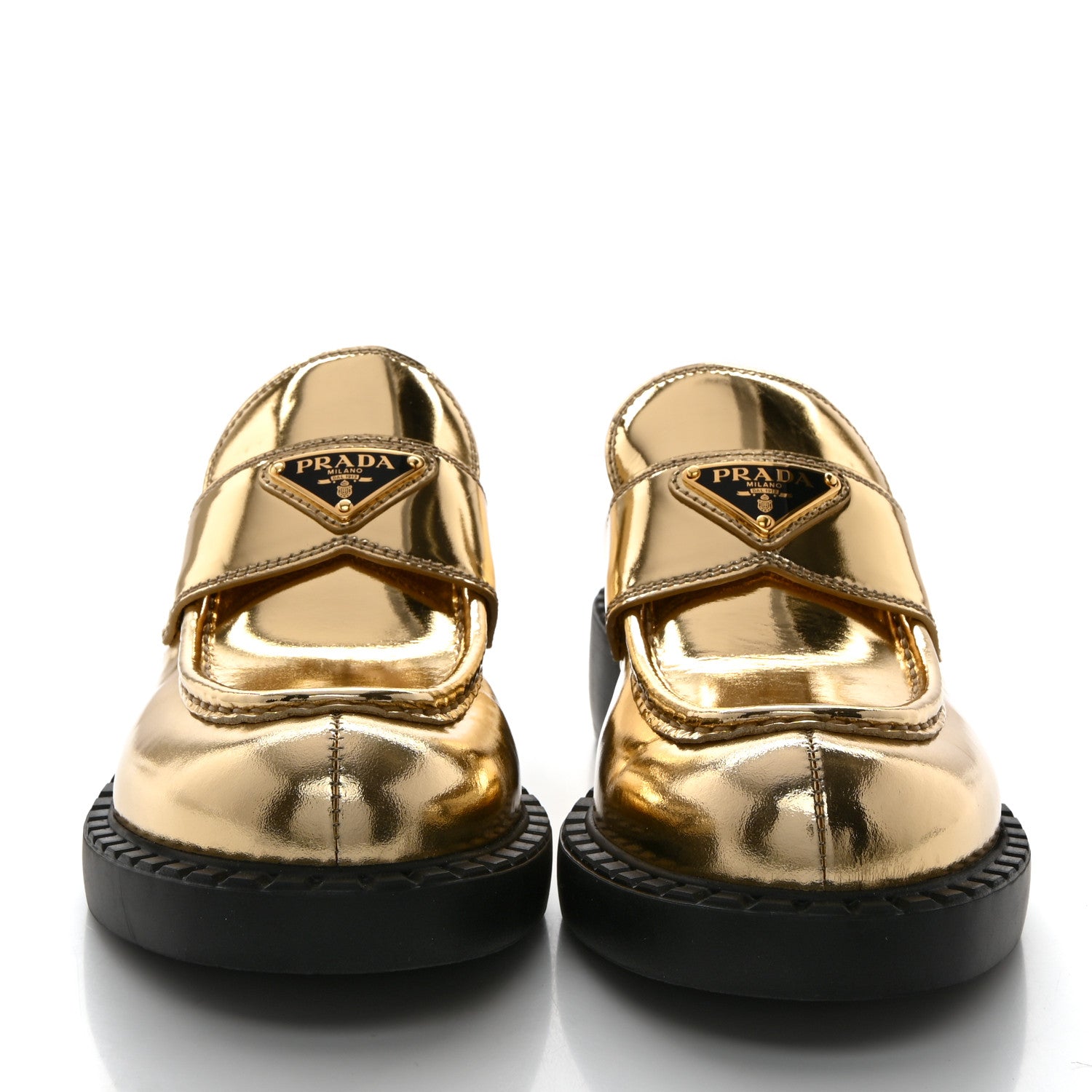 Prada Metallic Brushed Calfskin Metal Triangle Logo 50mm Loafers 40 Platino 2 of 9