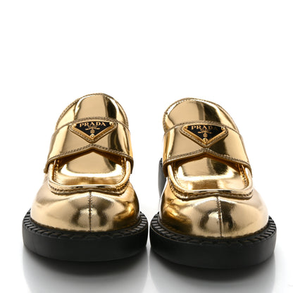 Prada Metallic Brushed Calfskin Metal Triangle Logo 50mm Loafers 40 Platino 2 of 9