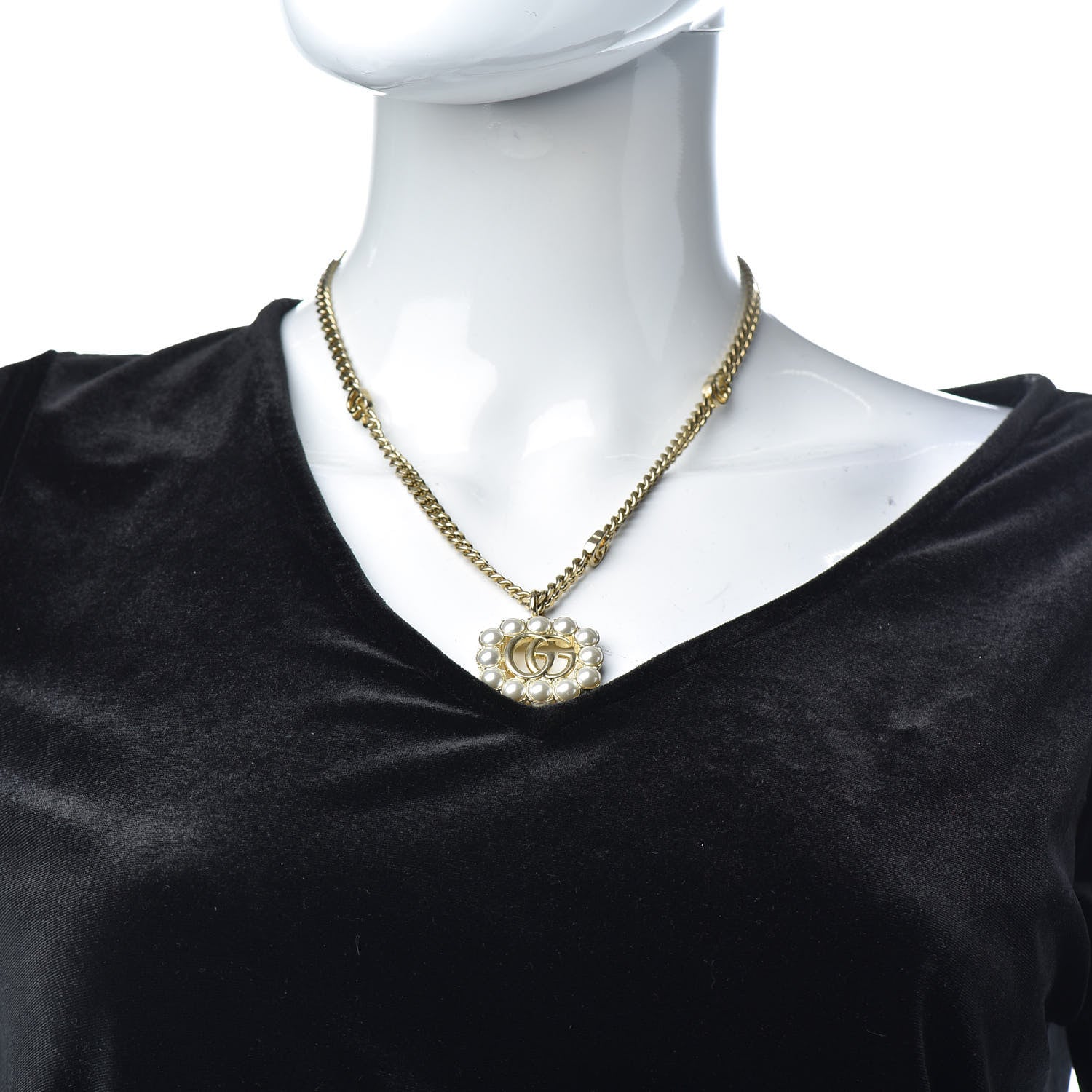 Gucci Pearl Embellished Double G Necklace Aged Gold 2 of 5