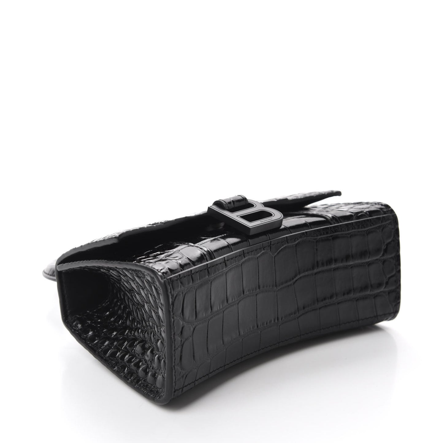 Shiny Calfskin Monochrome Crocodile Embossed Hourglass Top Handle Bag XS Black