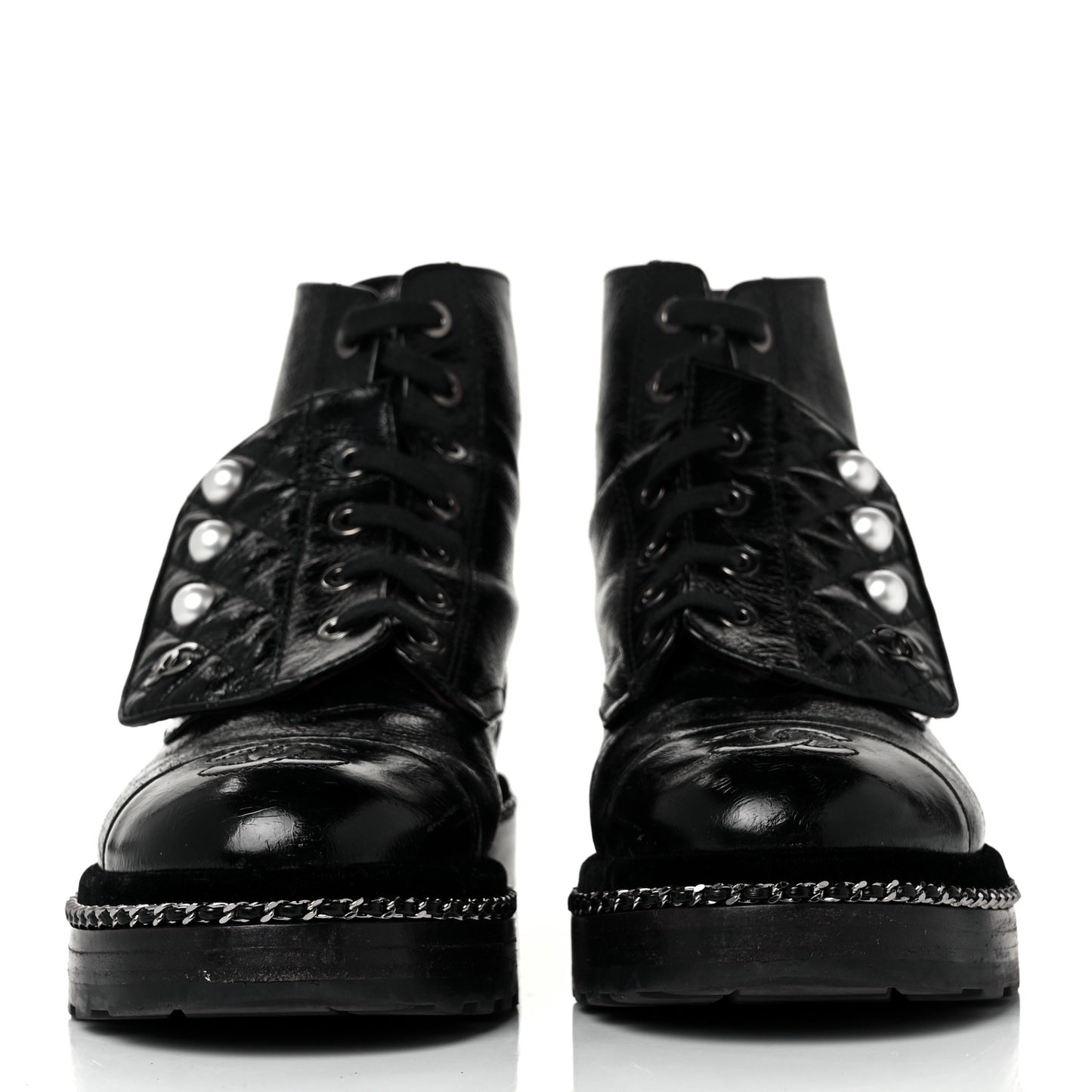 Crackled Calfskin Velvet Pearl Combat Short Boots 36 Black