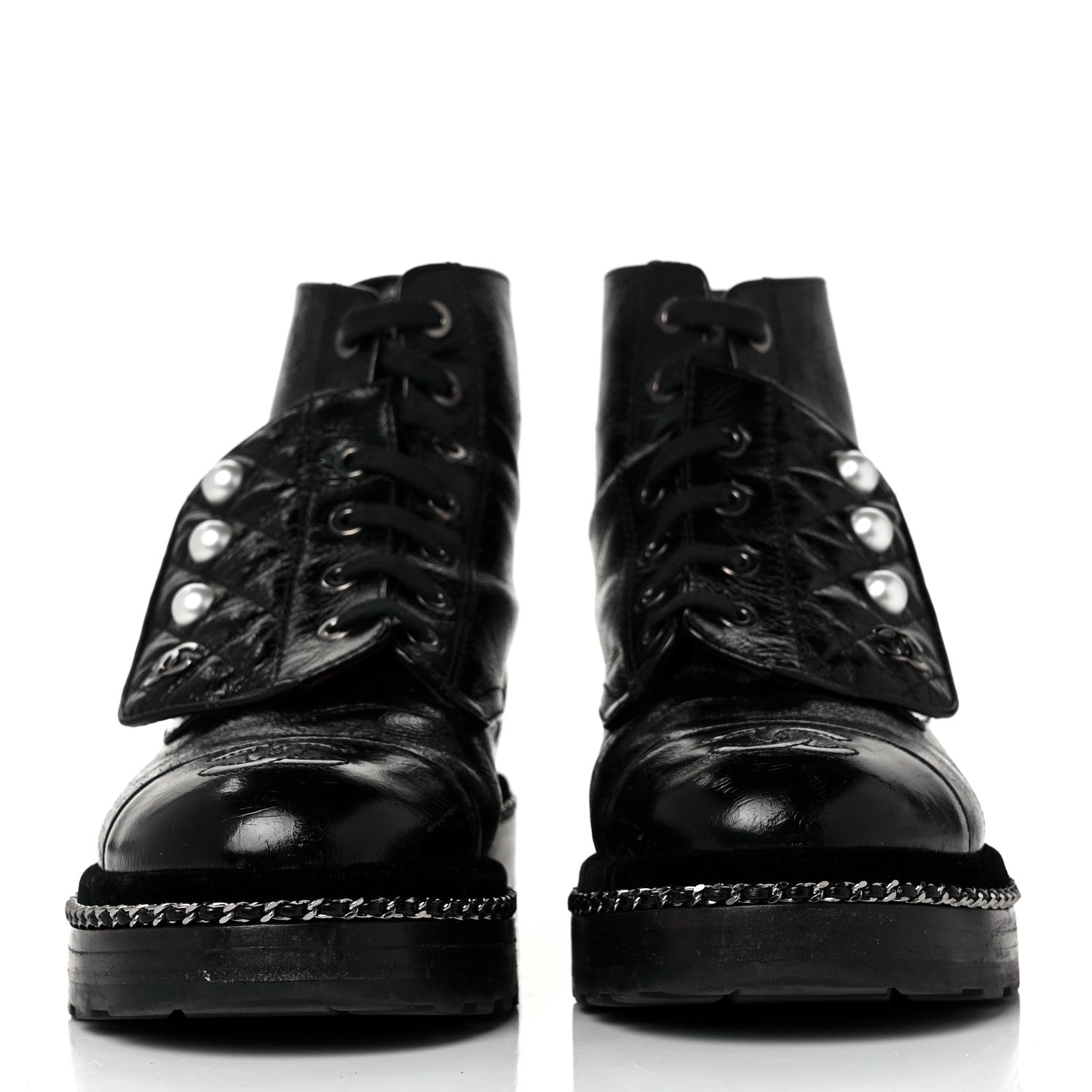 Chanel Crackled Calfskin Velvet Pearl Combat Short Boots 36 Black 2 of 6