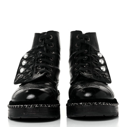 Chanel Crackled Calfskin Velvet Pearl Combat Short Boots 36 Black 2 of 6