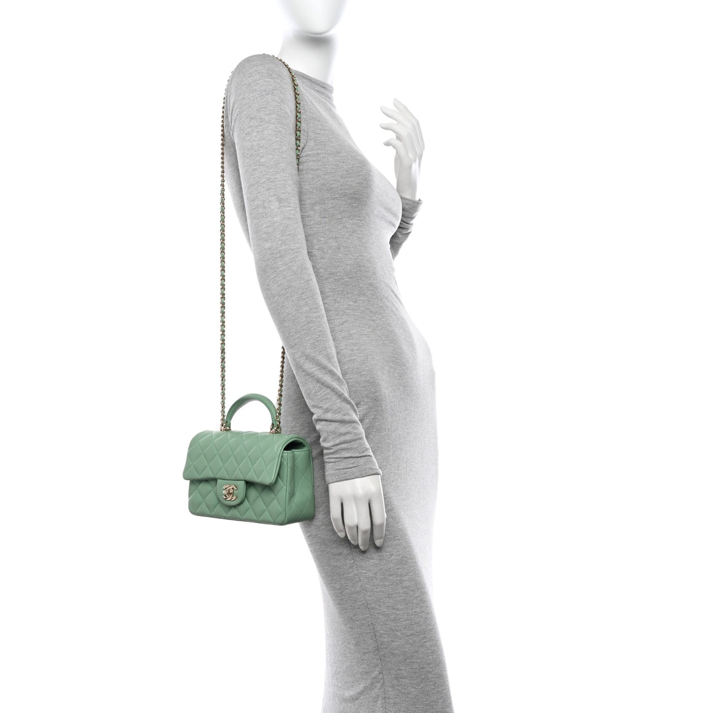 Lambskin Quilted Mini Top Handle Rectangular Flap Light Green