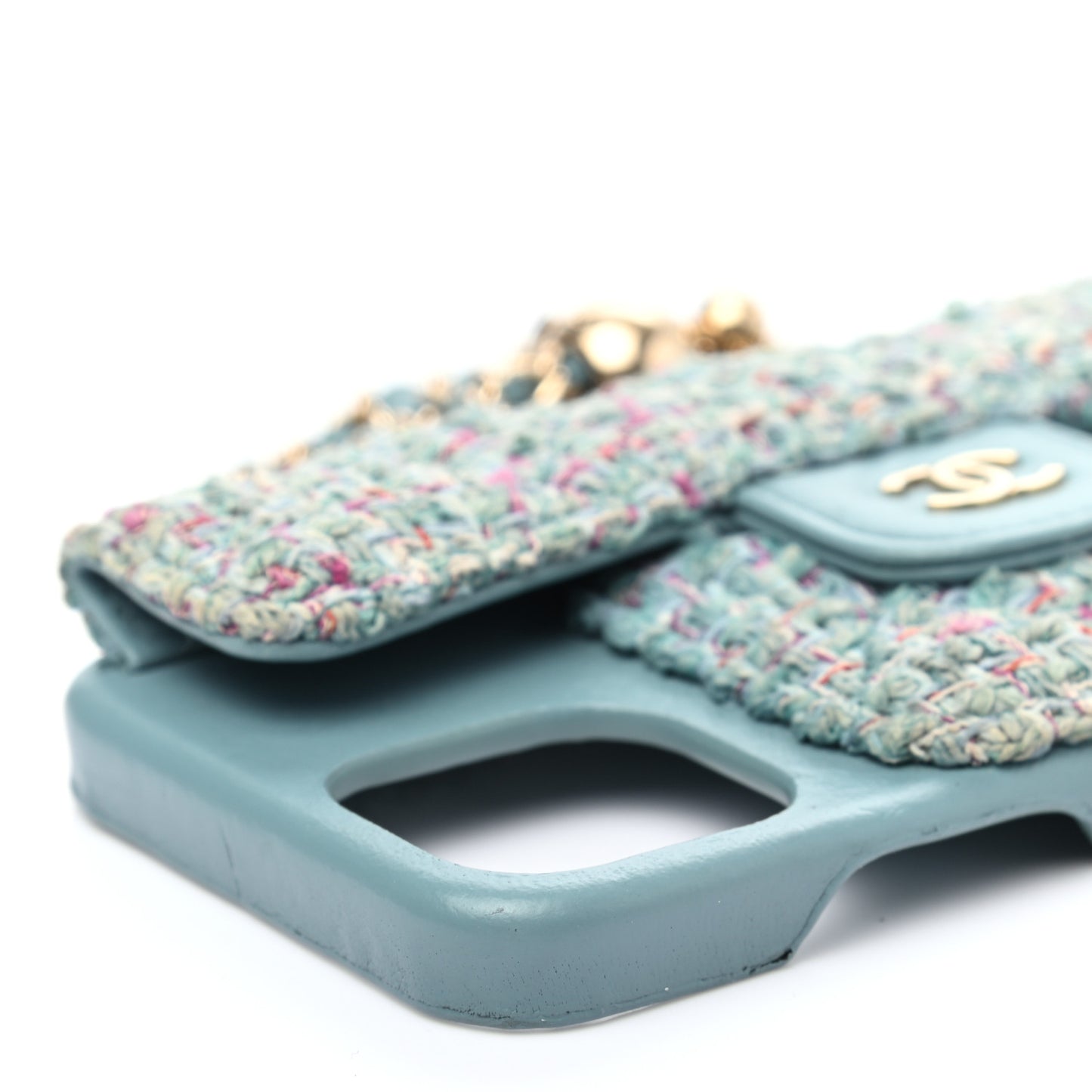 Tweed Quilted iPhone XII Pro Case With Chain Turquoise Purple White Red