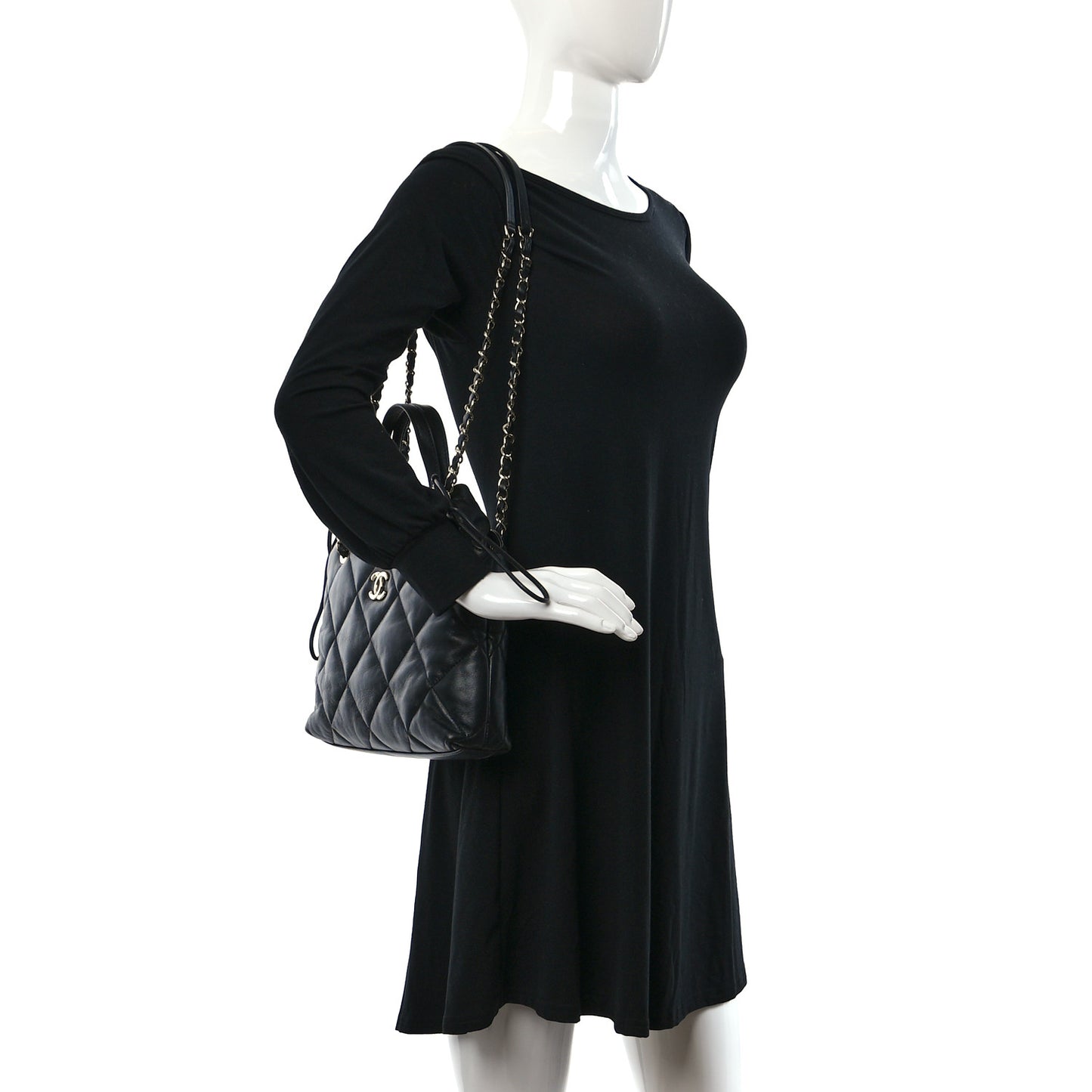 Lambskin Quilted Small Drawstring Shopping Bag Black