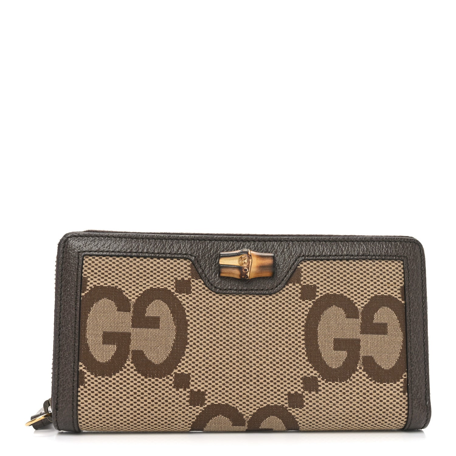 Gucci Monogram Jumbo GG Textured Dollar Calfskin Diana Zip Around Continental Wallet Camel Ebony New Acero 1 of 7