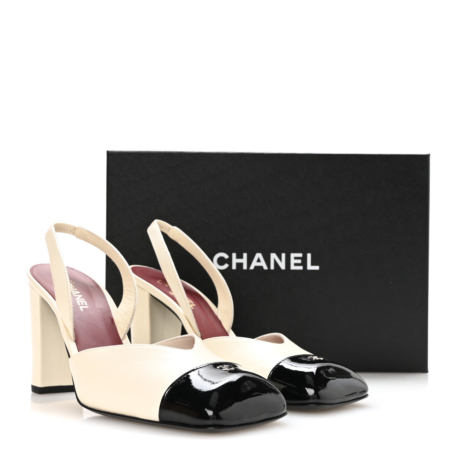 Chanel Lambskin Patent Calfskin Cap Toe CC Slingback Pumps 38.5 Ivory Black 9 of 9