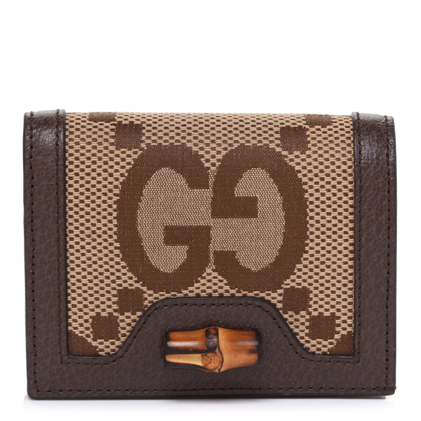 Monogram Jumbo GG Textured Dollar Calfskin Diana Card Case Wallet Camel Ebony New Acero
