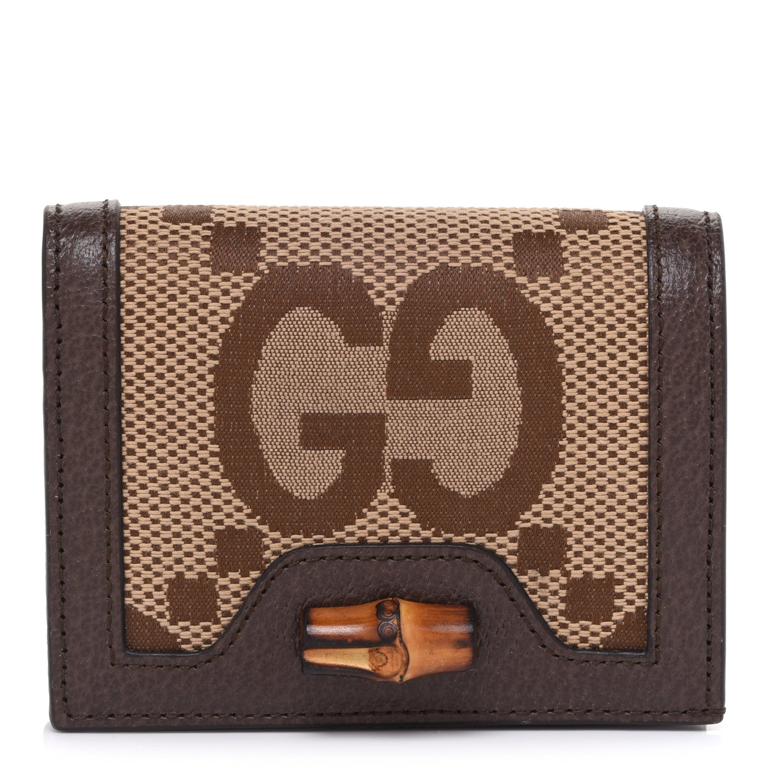 Gucci Monogram Jumbo GG Textured Dollar Calfskin Diana Card Case Wallet Camel Ebony New Acero 1 of 8