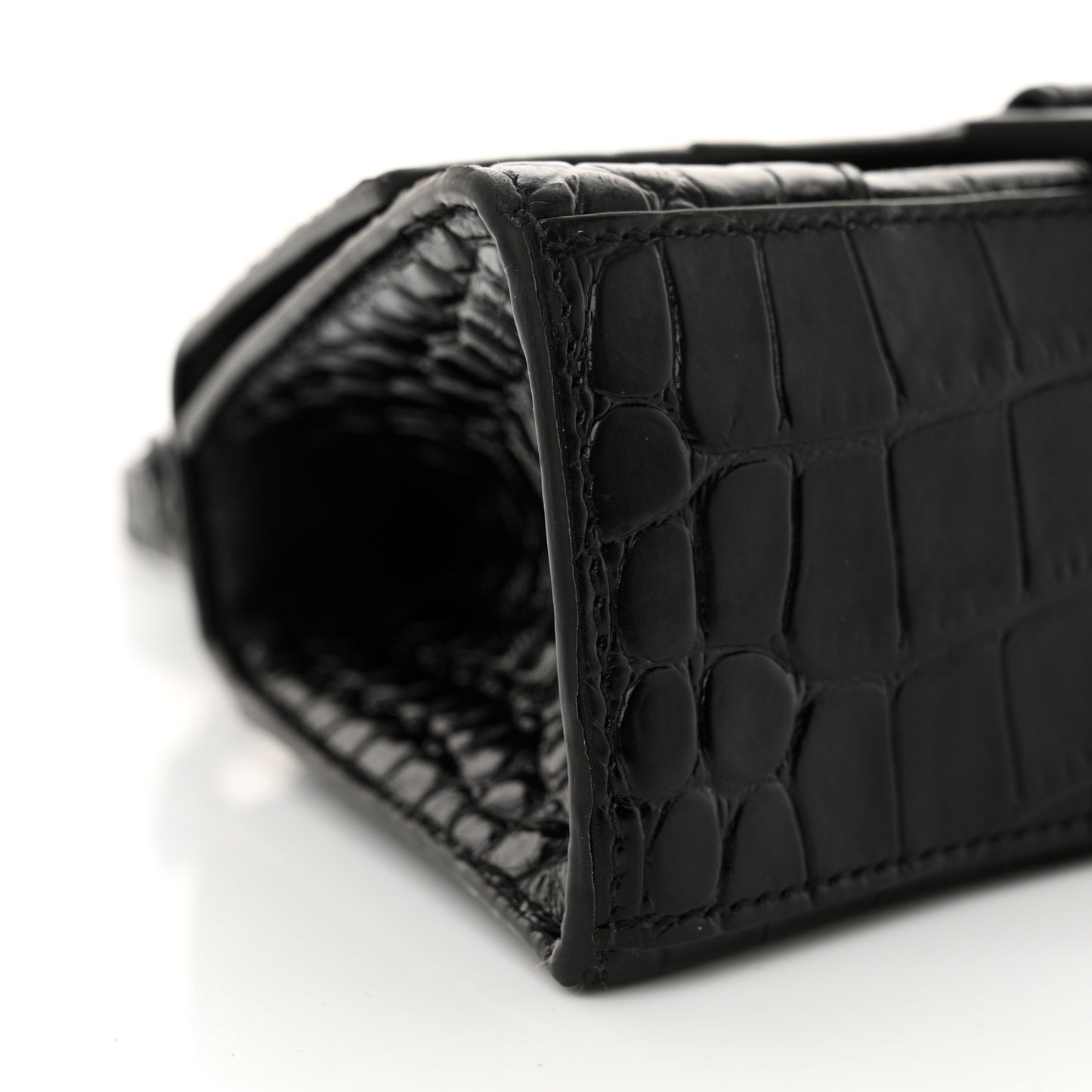 Shiny Calfskin Monochrome Crocodile Embossed Hourglass Top Handle Bag XS Black