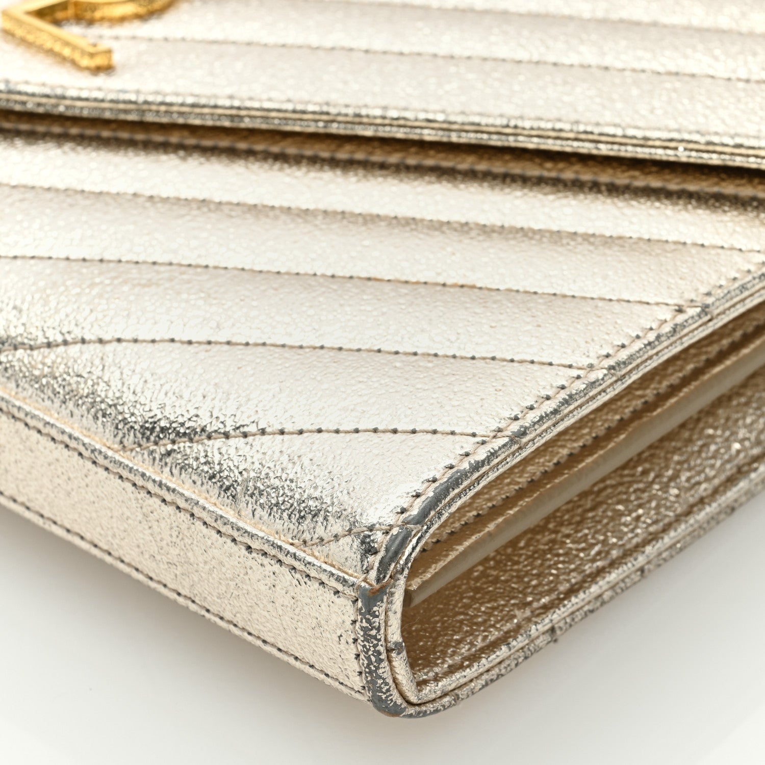 Saint Laurent Metallic Crackled Calfskin Matelasse Chevron Monogram Chain Wallet Gold 8 of 8