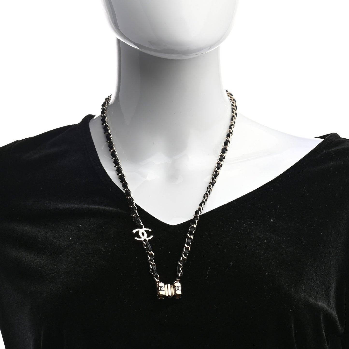 Metal Lambskin CC AirPods Necklace Gold Black