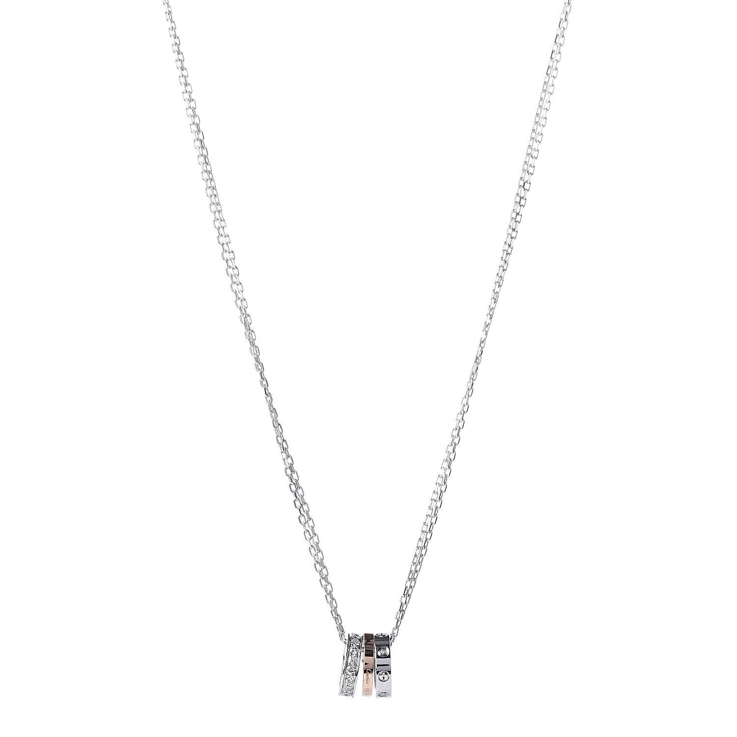 18K White Pink Gold Diamond Three Ring LOVE Pendant Necklace